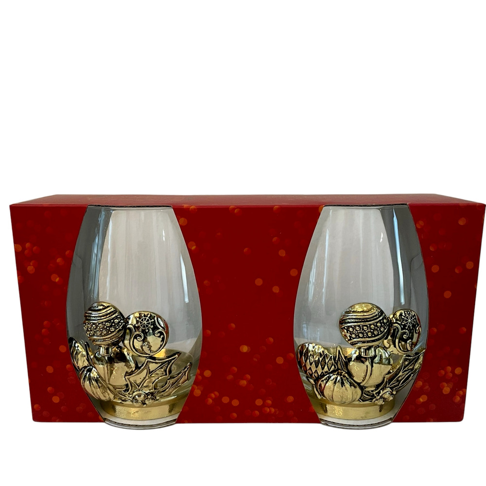 Set of 2 Gold Metal Glass Christmas Ornament Stemless Wine Glasses Holiday New